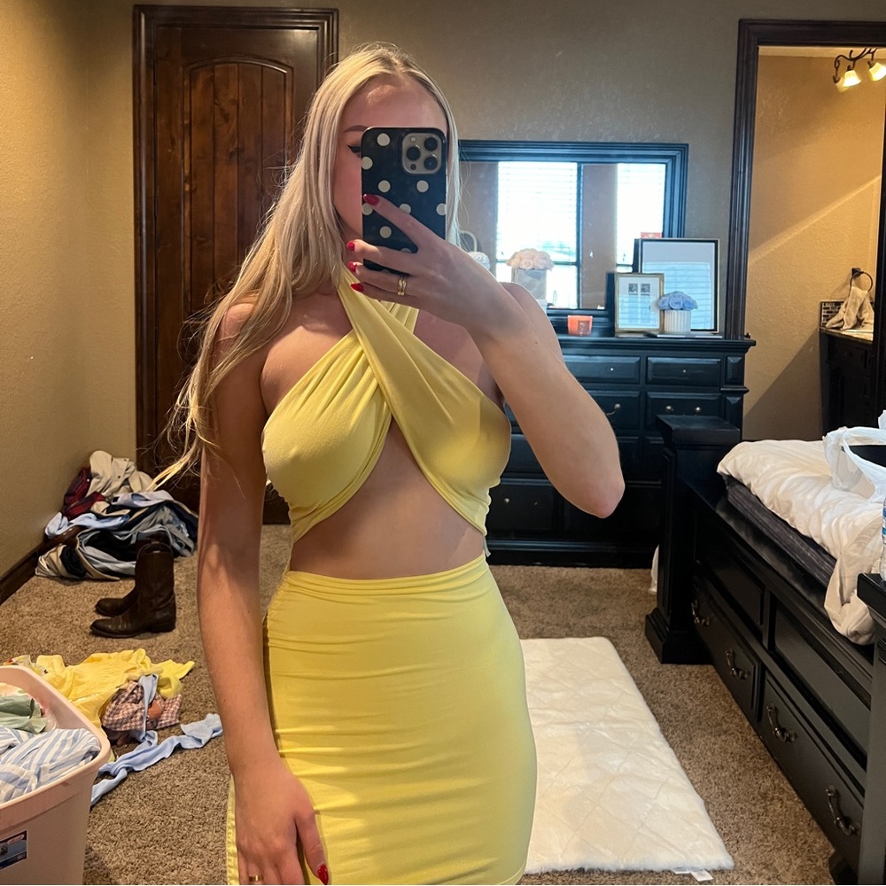 Yellow Halter Neck Mini Dress with Cutouts